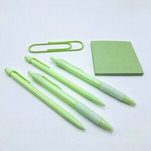 Monochromatic Green Pen Pencil Sticky Notes XL Paper Clip Set Desk Organization